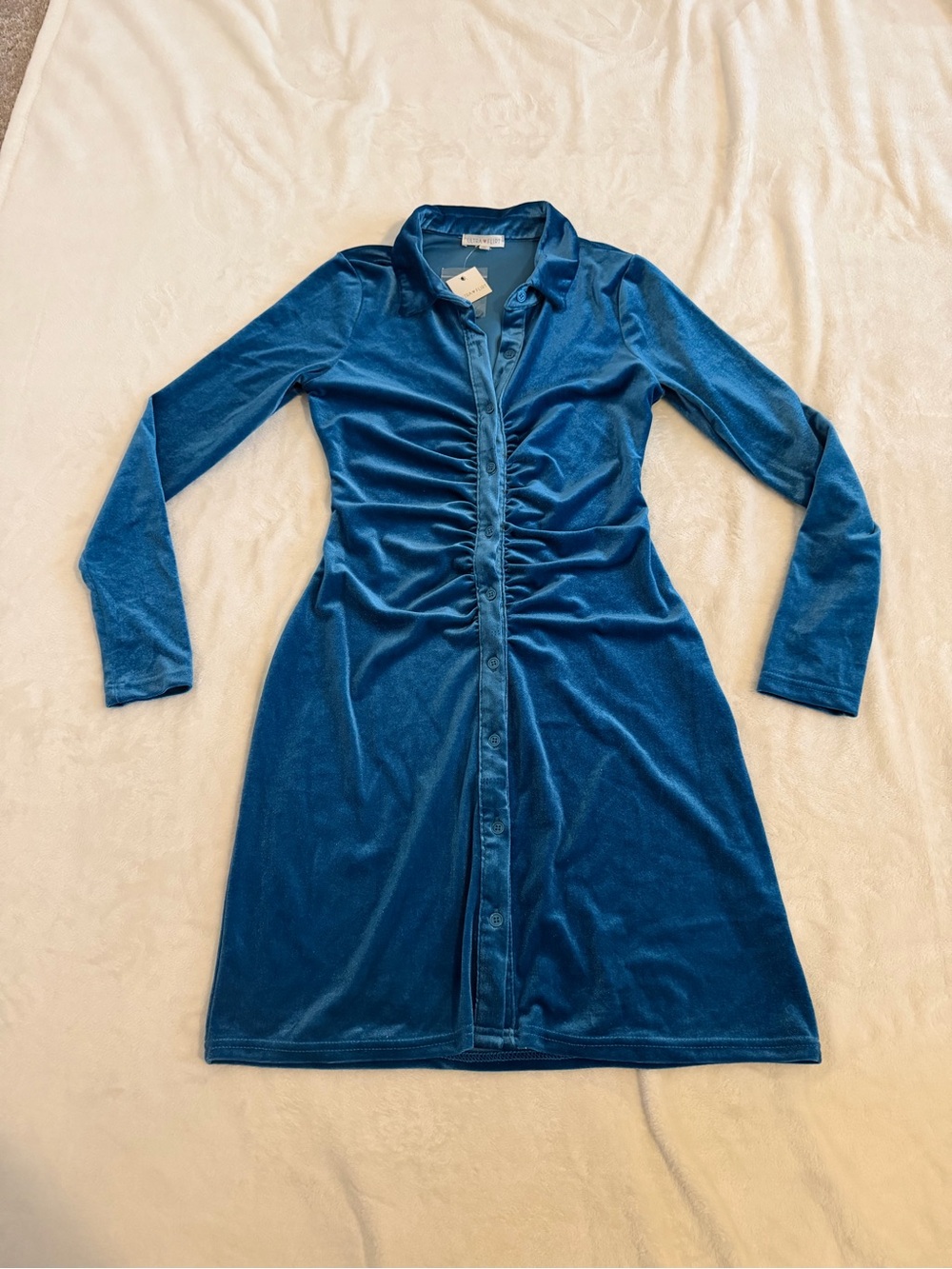 Ultra Flirt Size Medium Teal Velvet / Velour Ruched Button-Front Dress NEW w/tag